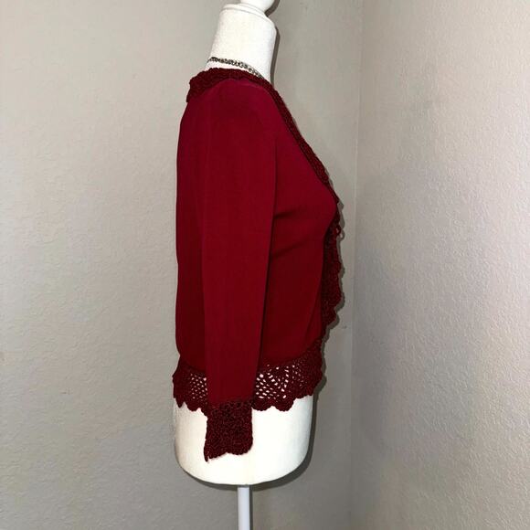 VTG Joseph A Cardigan Sweater Womens S Red Crochet Lace Trim Open Front Coquette - Picture 2 of 9